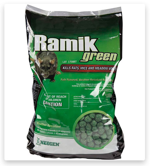 Pepite di veleno per scoiattoli al gusto di pesce verde di Neogen Ramik, resistenti alle intemperie.