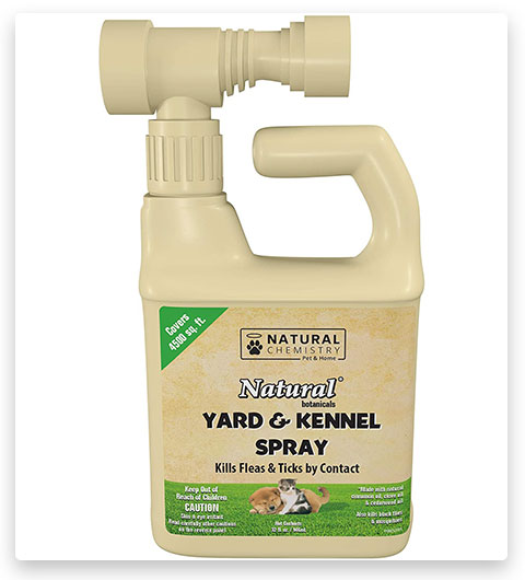 Spray natural contra pulgas y garrapatas para el patio y la perrera con una cómoda manguera